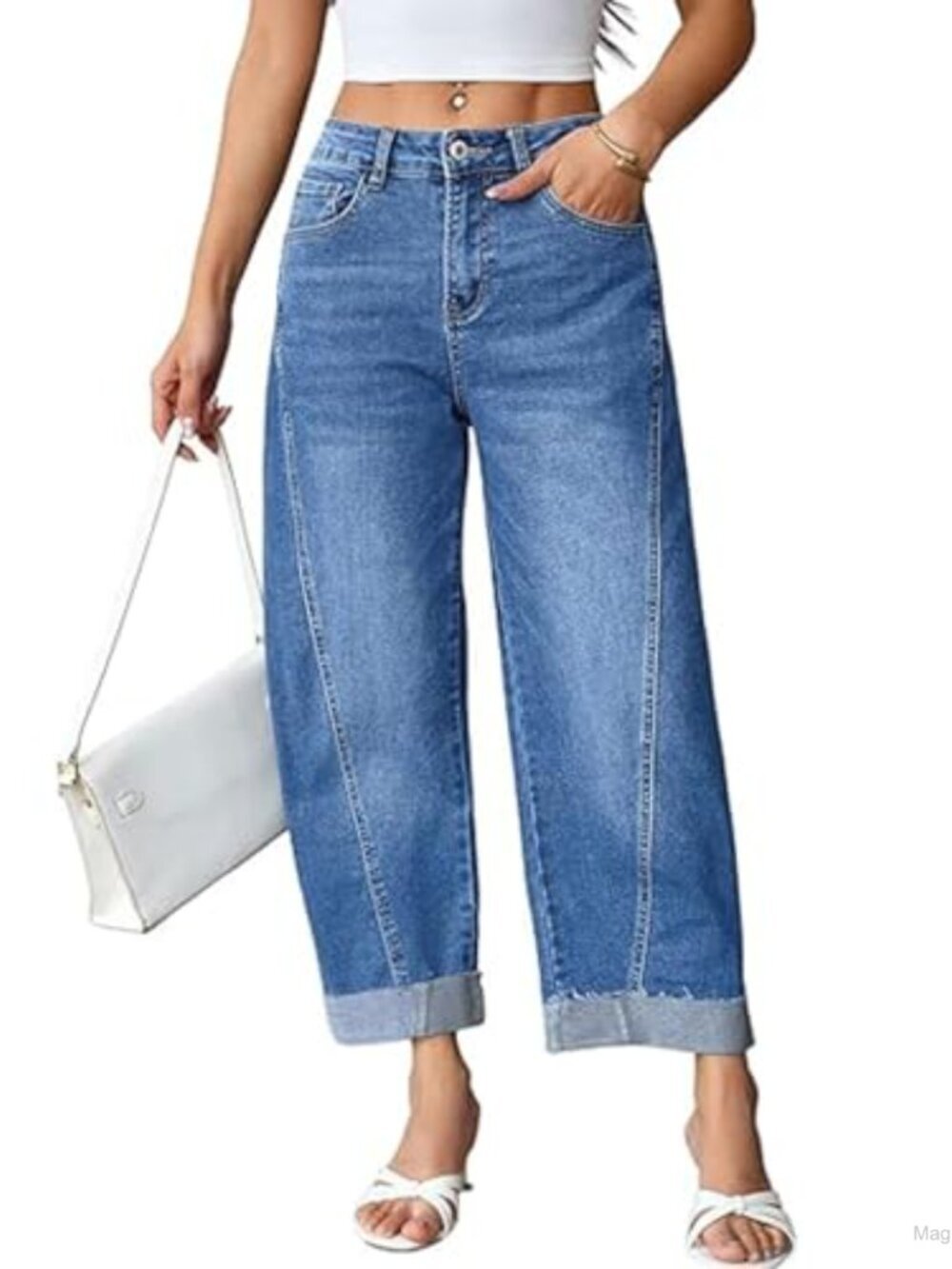 Women's High Waisted Barrel Jeans Wide Leg Cropped Ankle Denim Pants